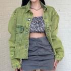 Puff-sleeve Denim Jacket Green - One Size