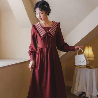 Long-sleeve Wide-collar Frill Trim Midi A-line Dress