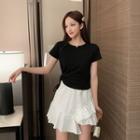 Short-sleeve Drawcord Crop Top / Irregular A-line Mini Skirt