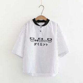 Panda Print Short-sleeve Pinstriped Top