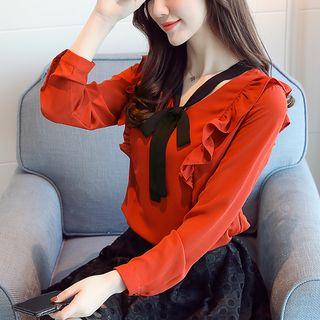 Tie-front Frill Trim Chiffon Blouse