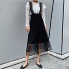 Ruffle Lace Blouse / Suspender Midi Skirt