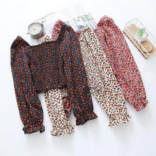 Long-sleeve Floral Print Corduroy Crop Top