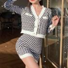Argyle Print Cardigan / Pencil Skirt / Fluffy Scarf / Set