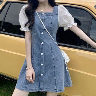 Panel Mock Two-piece Square-neck Puff Short-sleeve Denim Short Dress
