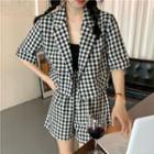 Set: Short-sleeve Check Crop Shirt + Wide Leg Shorts Black & White - One Size