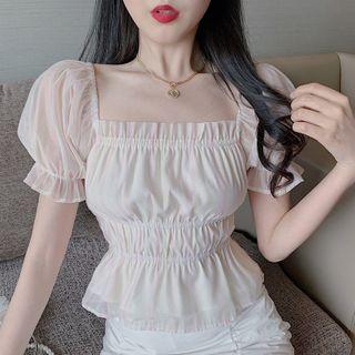 Square Collar Puff-sleeved Chiffon Top As Shown In Figure - One Size