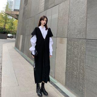 Plain Long-sleeve Shirt Dress / Dotted Sleeveless Sweater Dress