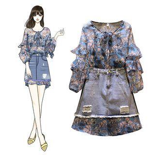 Set: Puff-sleeve Ruffled Floral Mini Dress + Denim Mini A-line Skirt