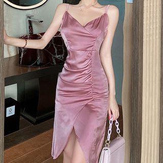 Spaghetti Strap Shirred Velvet Bodycon Dress