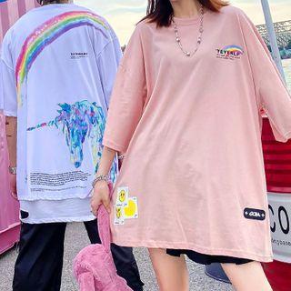 3/4-sleeve Unicorn Print T-shirt