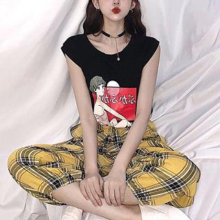 Cartoon Print Tank Top / Plaid Cropped Pants