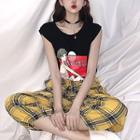 Cartoon Print Tank Top / Plaid Cropped Pants