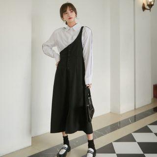 Contrast Trim Shirt / Midi A-line Overall Dress