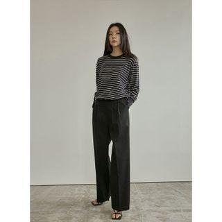 Crew-neck Stripe Sweater Navy Blue - One Size