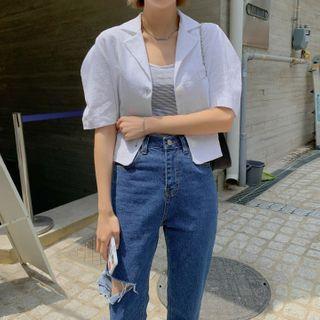 Puff-sleeve Linen Cropped Blazer