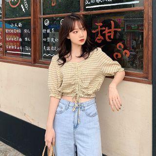 Short-sleeve Plaid Drawstring Cropped Blouse