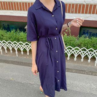 Dip-back Elbow-sleeve Long Shirtdress