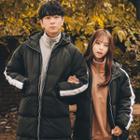 Couple Hooded Contrast-trim Long Padded Coat