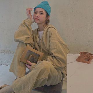 Set: Corduroy Zip-up Hooded Jacket + Wide-leg Pants Set - Khaki - One Size