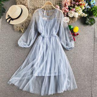 Set: Lace Slipdress + Bell-sleeve Mesh Dress