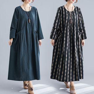 Striped Round-neck Long-sleeve Maxi Dress