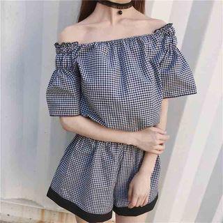 Set: Off-shoulder Plaid Short-sleeve Top + Plaid Shorts