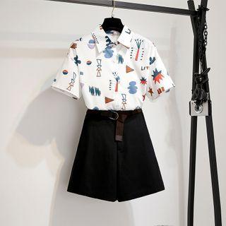 Printed Short-sleeve Shirt / High-waist Wide-leg Shorts / Set