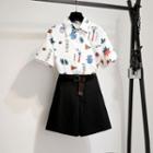 Printed Short-sleeve Shirt / High-waist Wide-leg Shorts / Set