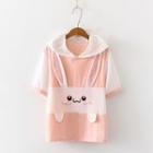 Color Block Hooded Short-sleeve T-shirt Pink - One Size