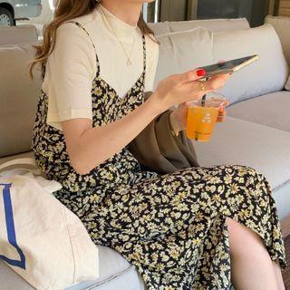 Short-sleeve Knit Top / Floral Strappy Midi Dress