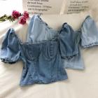Off-shoulder Denim Puff-sleeve Blouse