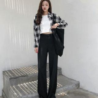 Plaid Shirt / High Waist Straight-fit Pants