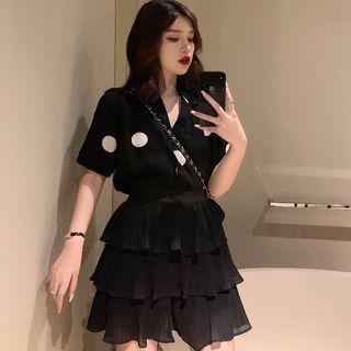 Dotted Short-sleeve Blouse / Mini Layered Skirt
