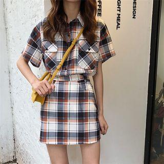 Set: Plaid Short-sleeve Shirt + Plaid Mini Skirt