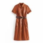 Short-sleeve Faux-leather Dress With Belt