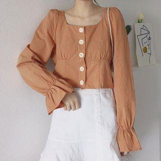 Long-sleeve Frill Trim Buttoned Cropped Top
