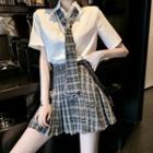 Set: Short Sleeve Plain Shirt + Plaid Necktie + High Waist Plaid A-line Skirt