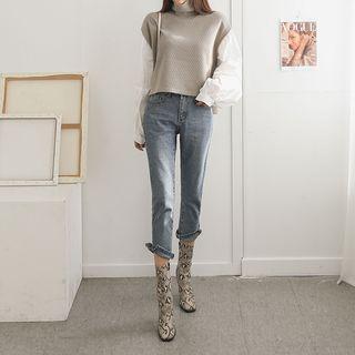 Cutout-waist Washed Tapered Jeans