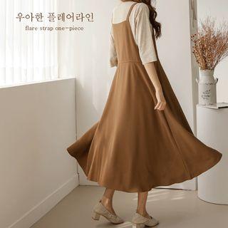 Button-trim Flared Long Pinafore Dress