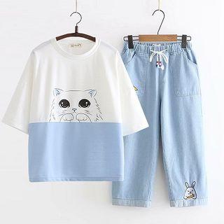 Printed Short-sleeve T-shirt / Drawstring Straight-cut Jeans / Set