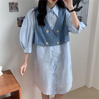 Puff-sleeve Shirtdress / Double-breasted Cropped Denim Vest