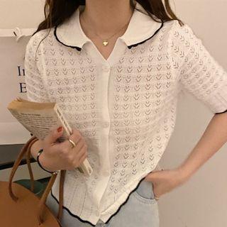 Short-sleeve Collared Button-up Pointelle Knit Top