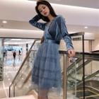 Long-sleeve Sheer Overlay Corduroy Midi Dress