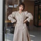 Puff-shoulder Pintuck Long Trench Coat With Belt