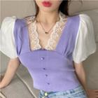 Puff-sleeve Panel Lace Trim Knit Crop Top