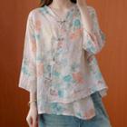 3/4-sleeve Floral Print Frog-buttoned Linen Blouse