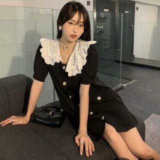 Short-sleeve Button-up Eyelet Lace Dress Black - One Size