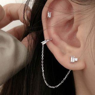 Chained Rhinestone Asymmetrical Earring 1 Pair - Silver - One Size