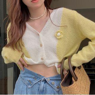 Two-tone Flower Detail Cardigan Yellow - One Size